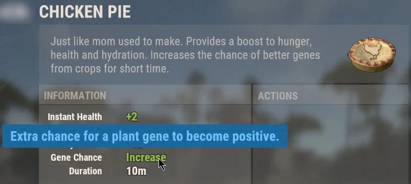 Rust-Inventar: Chicken Pie mit Gene Chance „Increase“, Dauer 10m und dem Tooltip „Extra chance for a plant gene to become positive.“