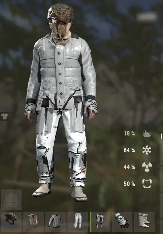 Rust inventory: character in the snow jacket kit with protection values 18% explosion, 64% cold, 44% radiation and 50% bite
