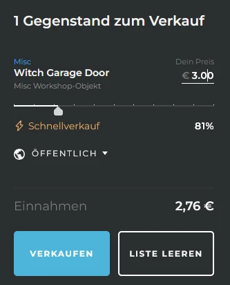 Skinport sell dialog: Witch Garage Door at €3.00, slider on quick sell 81%, earnings €2.76