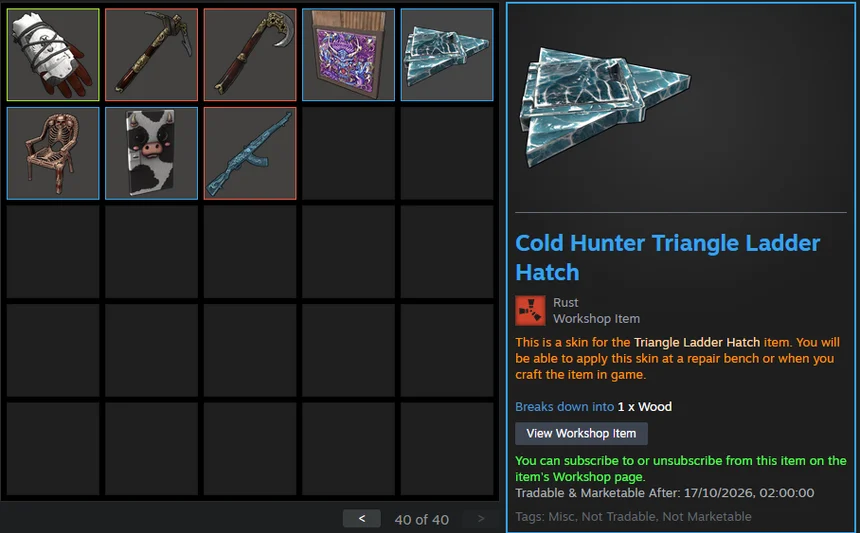Steam inventory: Rust skin Cold Hunter Triangle Ladder Hatch with “Tradable & Marketable After: 17/10/2026, 02:00:00” and the tags “Not Tradable, Not Marketable”