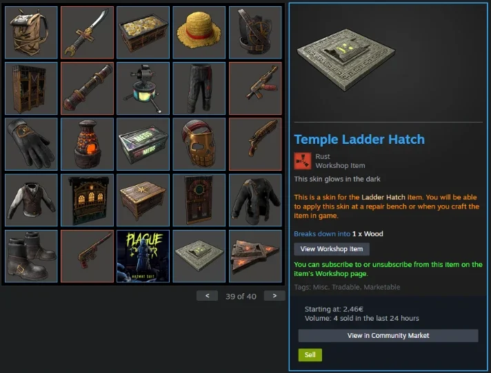 Steam inventory: Rust skin Temple Ladder Hatch with the tags “Tradable, Marketable” and the “Sell” button