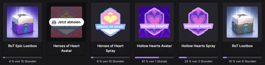 Twitch drops inventory: drop cards with progress bars, one finished card shows the “Claim now” button