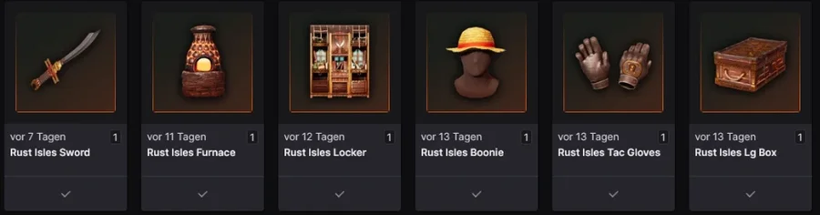Twitch drops inventory, “Claimed” section: Rust Isles drops with check marks