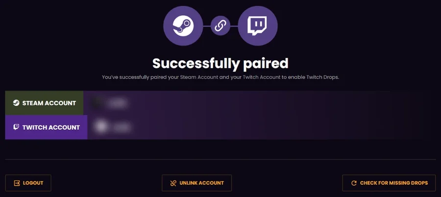 twitch.facepunch.com: “Successfully paired” with linked Steam and Twitch accounts
